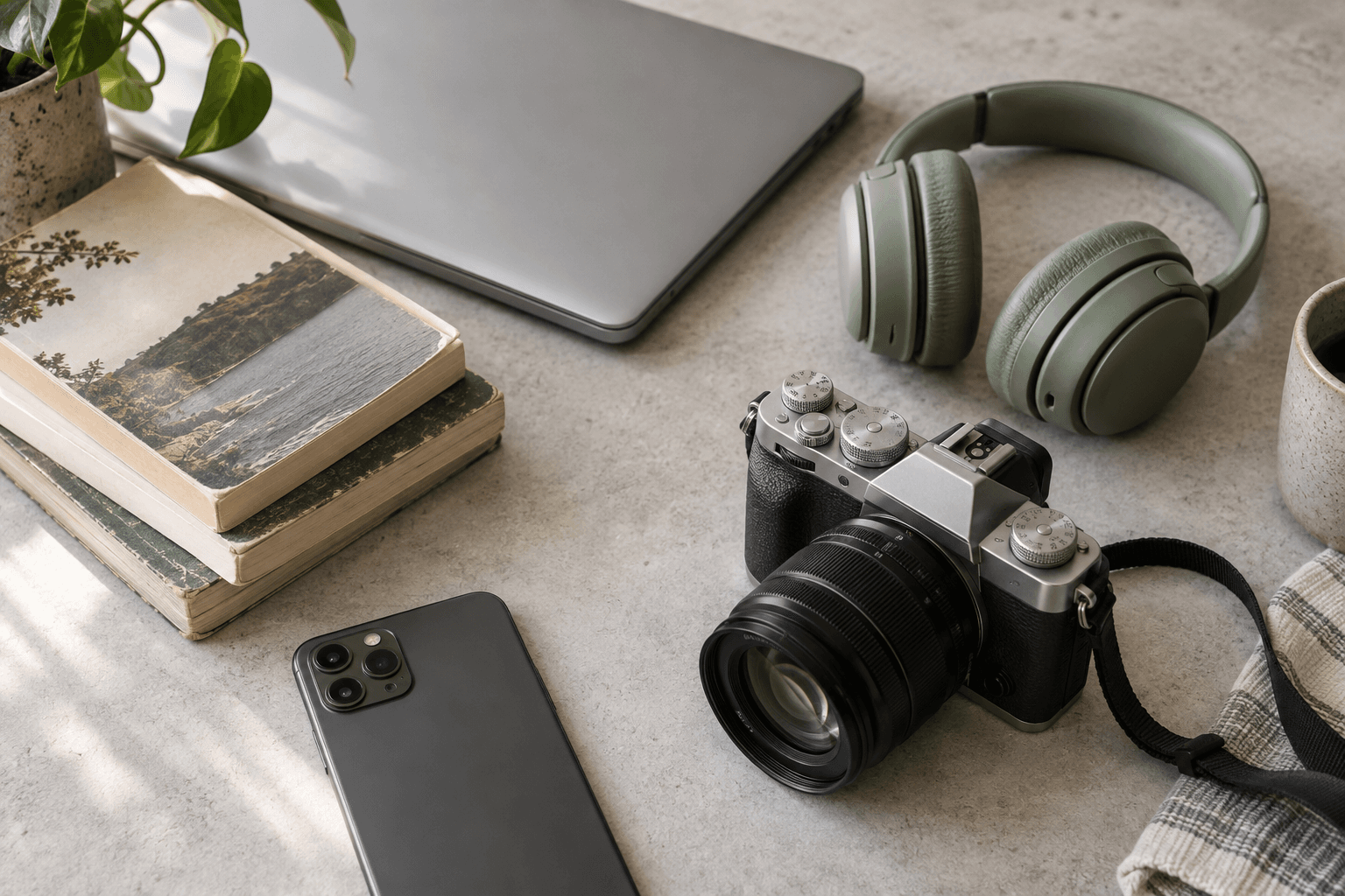 Gently used camera, headphones, phone, laptop, and books arranged on a stone surface